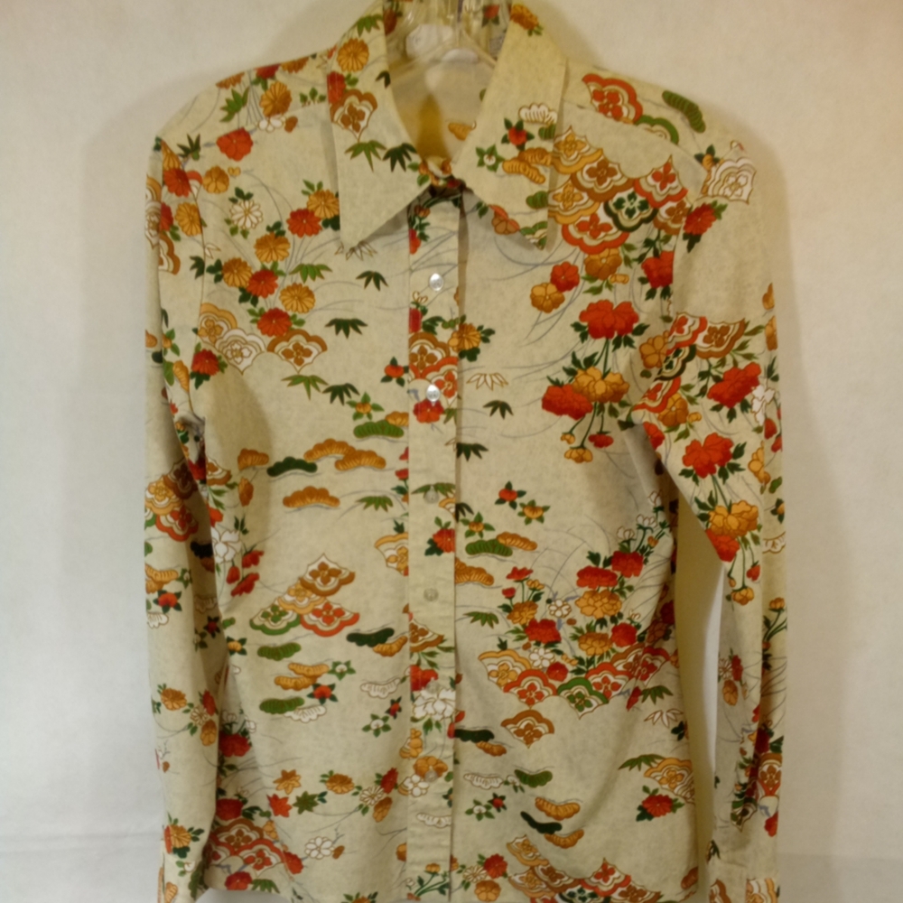 Vintage Floral Button Down Shirt - Cream, Red, Orange, Green